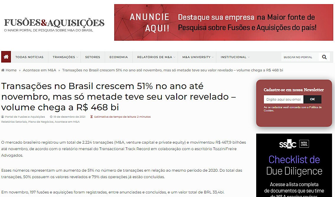 Transaes no Brasil crescem 51% no ano at novembro, mas s metade teve seu valor revelado  volume chega a R$ 468 bi